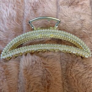 Women Rhinestone  Pearl Large Metal Claw Hair Clip Gold Tone